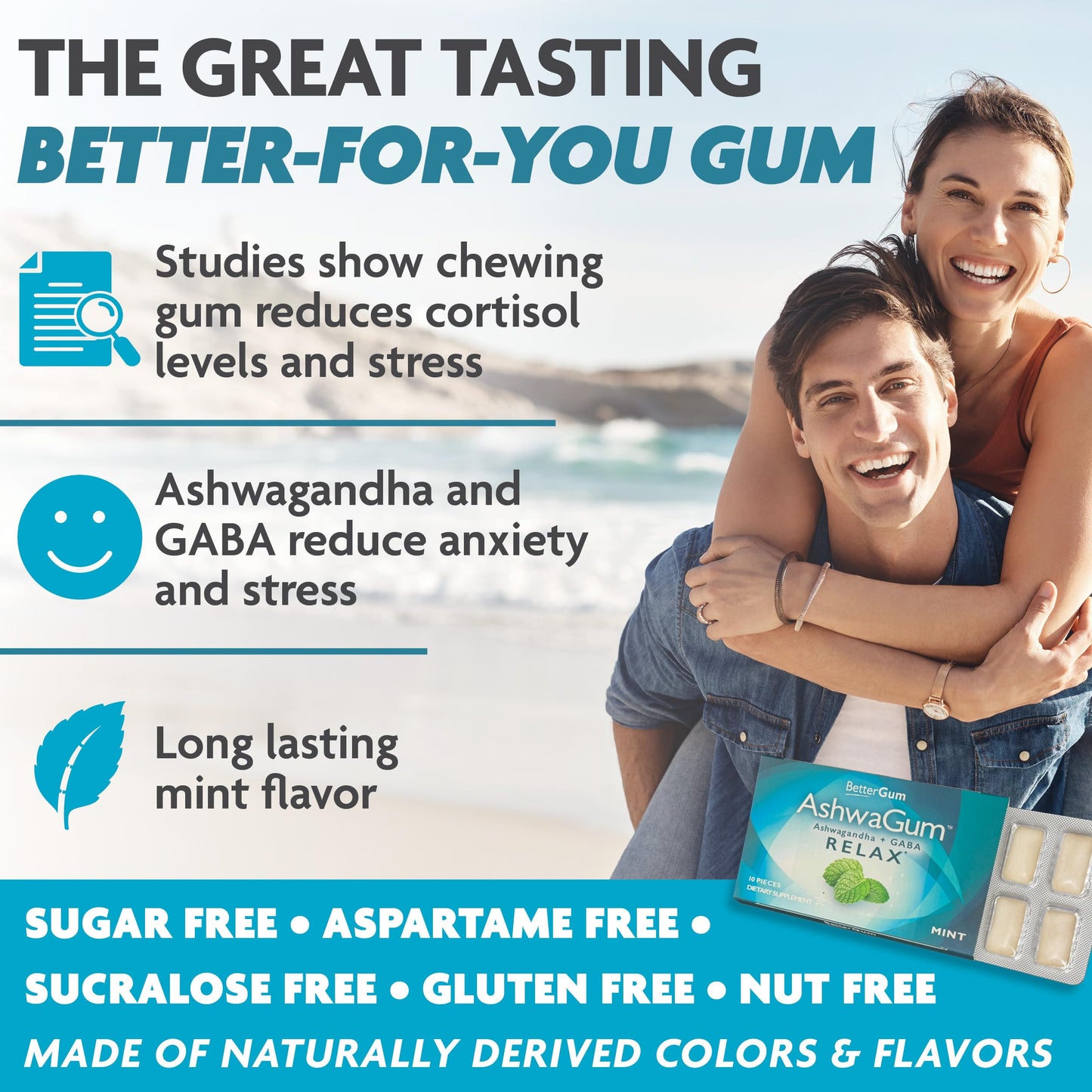 AshwaGum RELAX Gum by BetterGum, High Potency Supplement with KSM 66 Ashwagandha and Gaba, Supports Stress and Anxiety Relief, Cortisol Support, Alternative to Gummies, Sugar-Free, 10 Pieces - 6 Pack