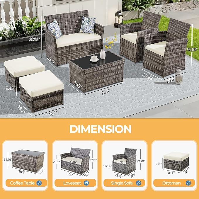 FHFO 6 Pieces Outdoor Patio Furniture Set, Wicker Sectional Sofa Patio Conversation Set Couch with Ottomans Rattan Chair and Table for Garden, Yard,Gray-Beige