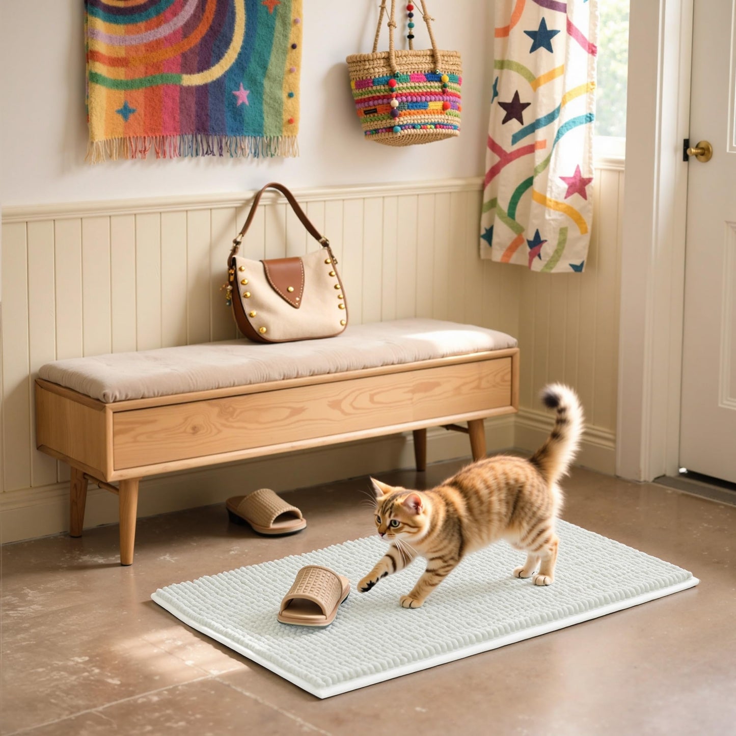 SUBRTEX Bathroom Rugs Chenille Bath Rug Soft Short Plush Bath Mat Soft Shower Mat Water Absorbent Shower Mat Quick Dry Machine Washable(White,16" x 24")