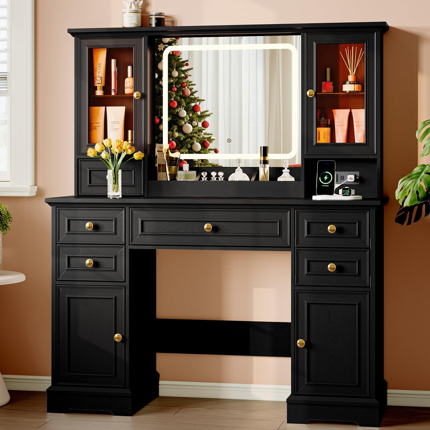 Vanity Desk with HD Lighted Mirror & Power Outlet, Farmhouse Makeup Vanity Table Set with Storage Drawers & RGB Cabinets, Large Dressing Table with 3 Lighting Modes for Women Girls Kids Bedroom, Black