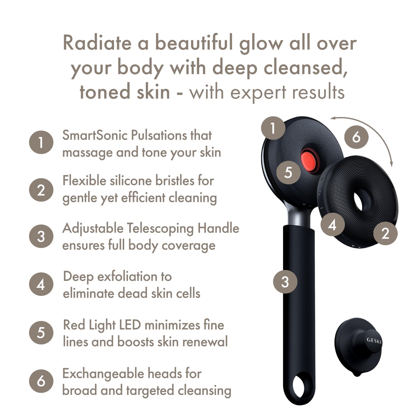 GESKE LED Sonic Full-Body Brush | 9 in 1 | Body Cleansing Brush & Intensive Exfoliator with LED | with SmartSonic Pulsations | E