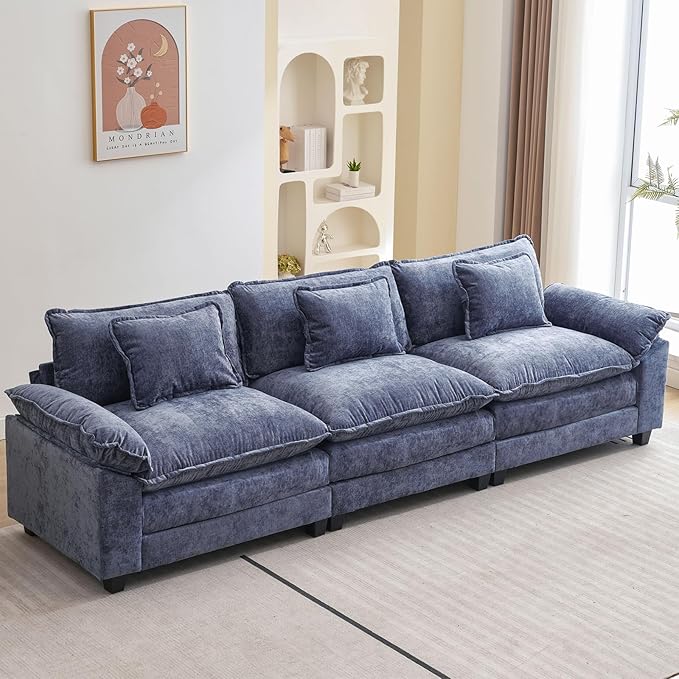Oprisen 120" Modular Sectional Sofa, Comfy Cloud Couch Sectional, Chenille Sofa Sleeper Deep Seat Sofa with Throw Pillows for Living Room (Blue, 120"- 3 Seater)