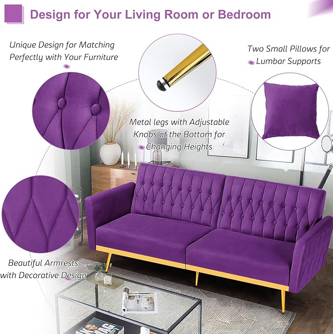ACMEASE 70” Velvet Futon Sofa Bed with 2 Pillows and Adjustable Armrests, Convertible Sleeper Bed W/Adjustable Backrests, Modern Loveseat for Living Room, Bedroom, Purpel