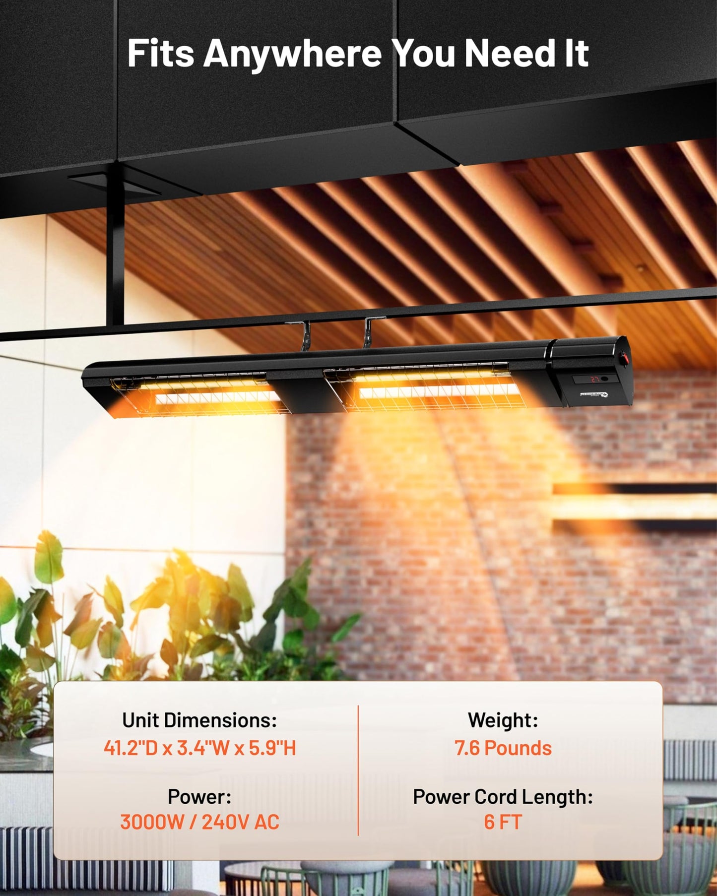 DR. INFRARED HEATER DR-239 3000W Indoor & Outdoor Infrared Patio Heater, Wall or Ceiling Mount, IP55 Weatherproof, Commercial or Residential, 220V-240V Electric Heater with Remote & Mounting Kit
