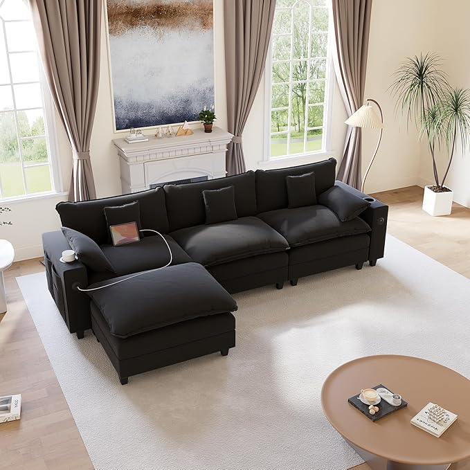 KCGKCG 116" Modular Sectional Sofa, L Shaped Cloud Couch with Movable Ottoman, Chenille Deep Seat Cloud Sofa with Charging Station, Cup Holder, Side Pocket, Sectional Couches for Living Room, Black