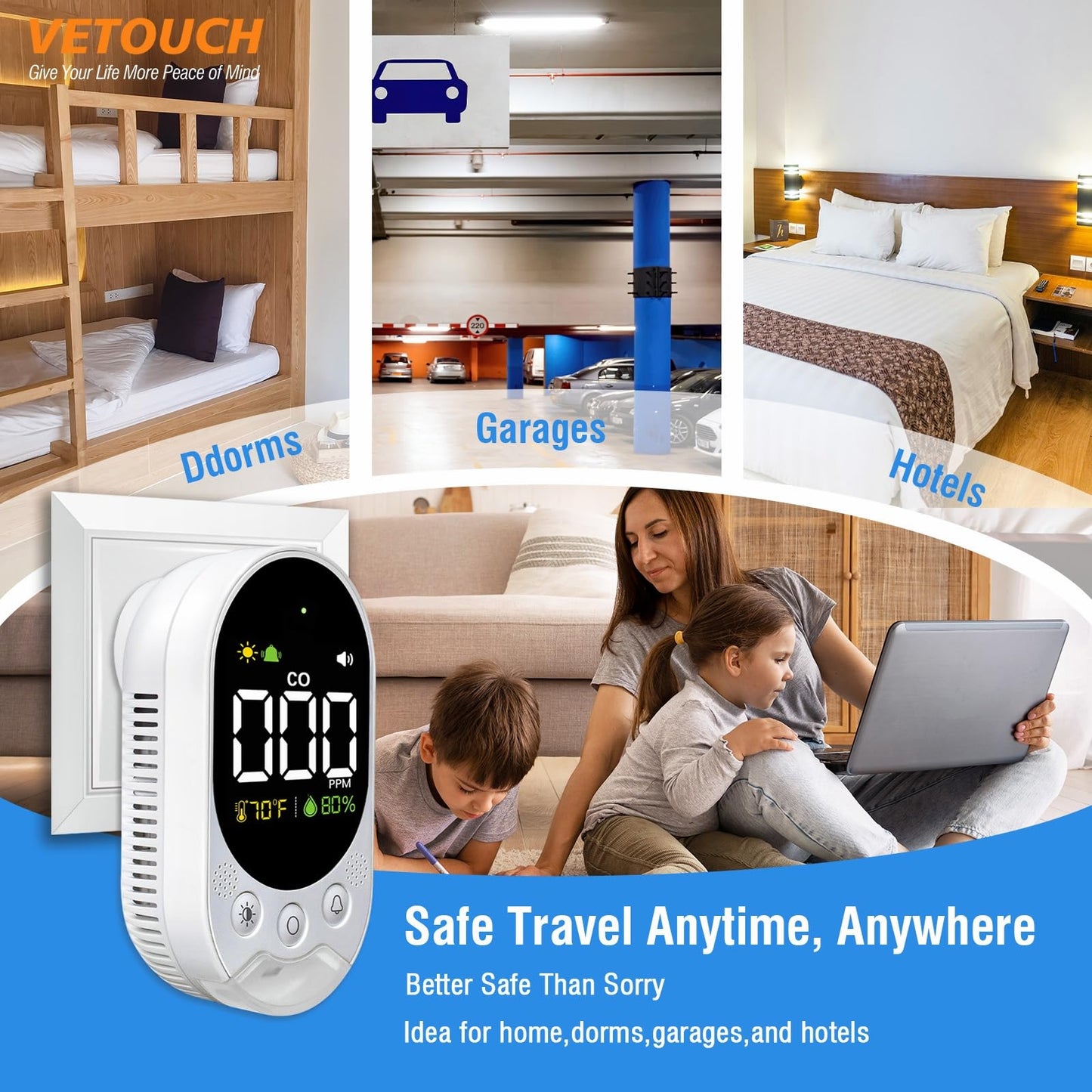 VETOUCH Portable Carbon Monoxide Detector Plug,Upgraded Version Configure Emergency Lighting CO Remind,Accurate Detection of CO Concentration Graded Warning, While Monitoring Temperature Humidity