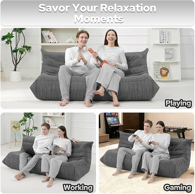 HABUTWAY Bean Bag Chairs Fireside Lazy Floor Sofa, Soft Teddy Fleece 3 Seater Sofa with High-Resilience Foam Filling，Beanbag for Living Room, Bedroom, Office (Dark Grey Teddy)