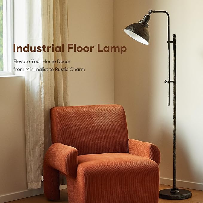 VONLUCE Floor Lamp for Living Room, 65" Tall Industrial Floor Lamp, Adjustable Height & Head Vintage Metal Standing Reading Pole Lamp for Bedroom, Office, Farmhouse
