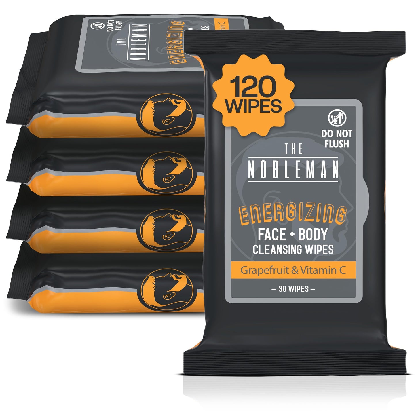The Nobleman 4-Pack Face + Body Aloe Infused Cleansing Wipes: 4 Energizing Packs with Grapefruit Chamomile and Vitamin C (120 Ct