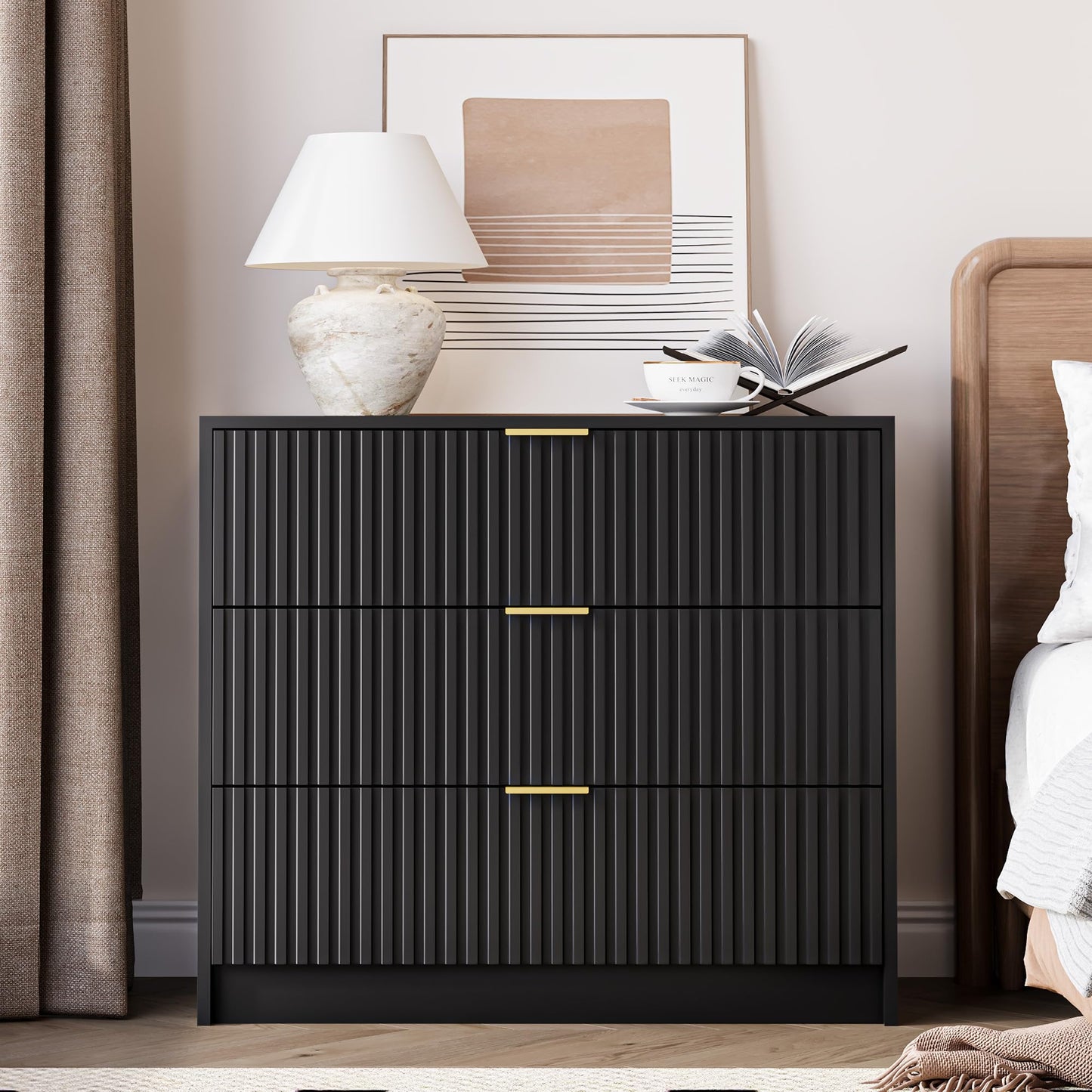MAISONARIA Black Fluted Dresser for Bedroom, 32 Inch Wide Nightstand with Large Drawer, 3 Drawer End Table for Bedroom, Living Rooms, Offices, and Entryways