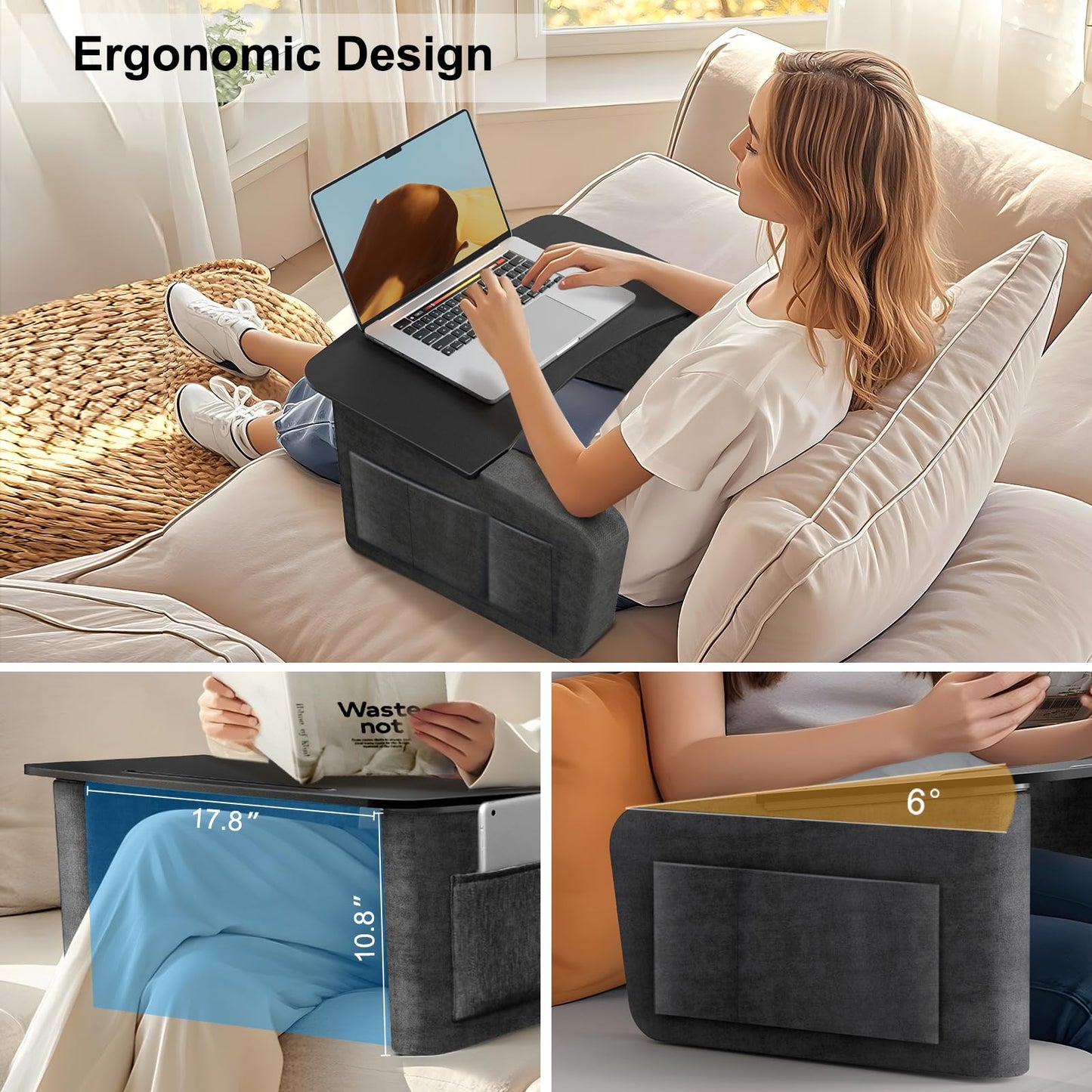 IKIKAKI Overbed Table with Tablet and Phone Slot, Over Bed Desk with Arm Rests, Bed Table for Eating and Laptop, Working, Writing in Bed Couch