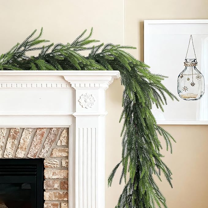 1 Pcs 9 Ft Artificial Norfolk Pine Garland, Realistic Real Touch Winter Christmas Greenery Garland for Mantle, Fireplace, Table, Wall, Outdoor, Indoor Christmas Decorations
