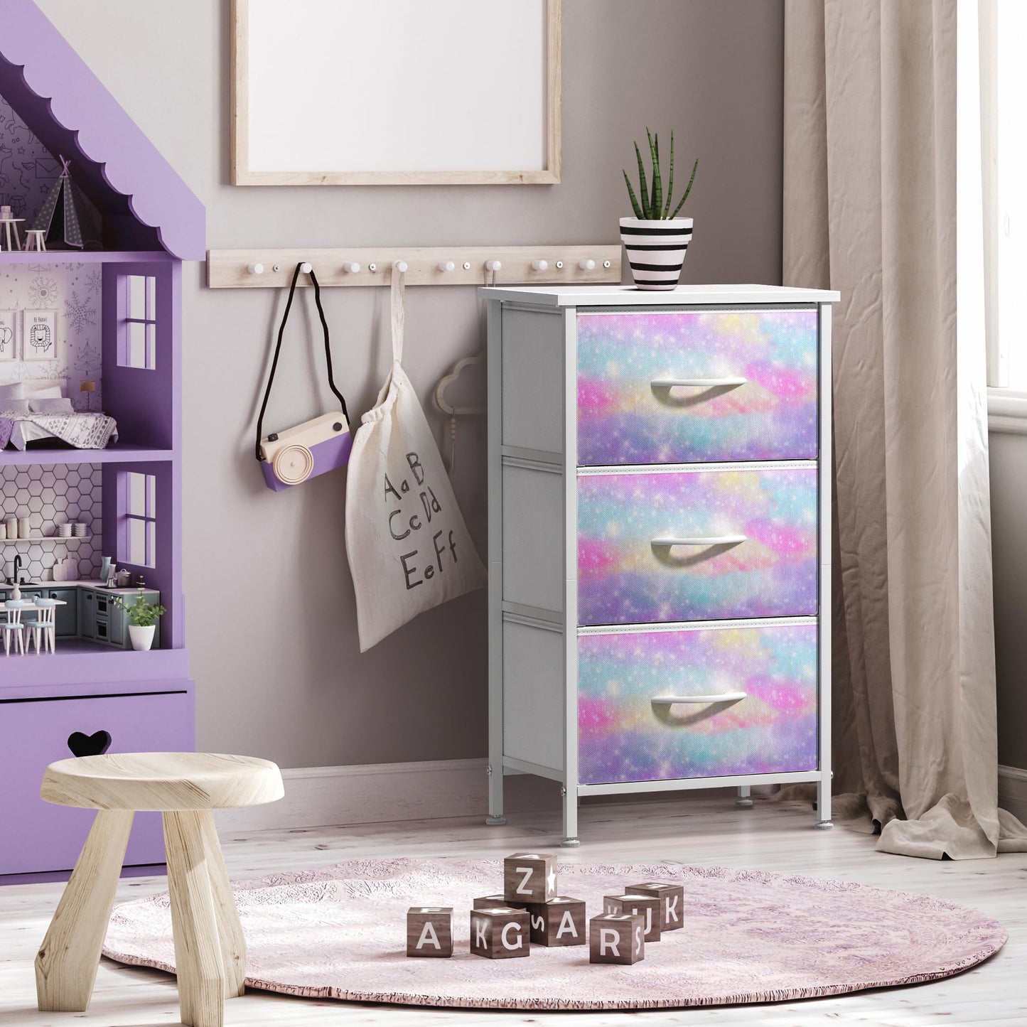 Sorbus Kids Dresser with 3 Drawers - Storage Chest Organizer Nightstand - Steel Frame, Wood Top, Tie-Dye Fabric Bins for Clothes - Wide Furniture for Bedroom, Hallway, Nursery, Closet, & Apartment