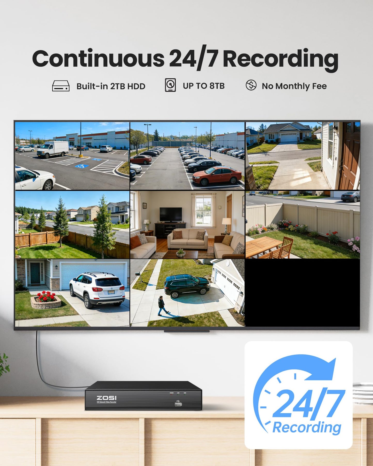 ZOSI 4K PoE Security Camera System, H.265+ 8CH NVR with 2TB HDD (16CH Expandable), 4 x 8MP Wired IP PoE Cameras Outdoor Indoor, Human/Face/Vehicle Detect, One-Way Audio, Color Night Vision, Spotlight