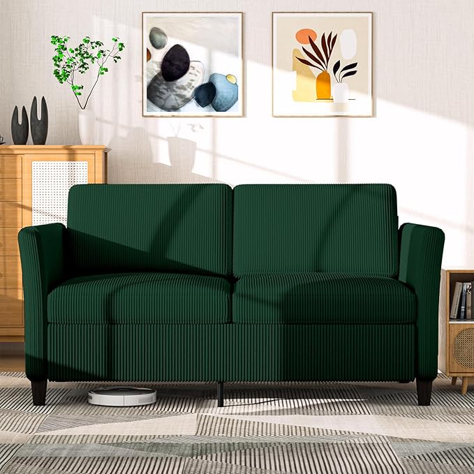 Valthie 60.6" Small Corduroy Loveseat Sofa, Mid-Century Modern 2-Seater Couch with Side Pockets for Small Spaces, Green– Perfect for Living Room, Bedroom, Office & Apartment