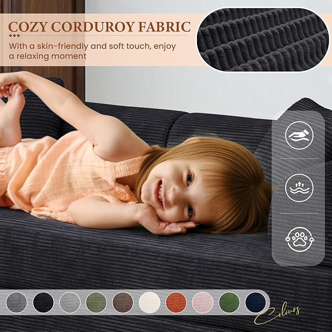 77" Convertible Sofa Bed, Modular Folding Futon Corduroy Floor Foam Compressed Loveseat Sleeper Sofa Couch, Pull Out Queen Size Couch Bed with 2 Pillows for Living Room Guest Room Studio, Black