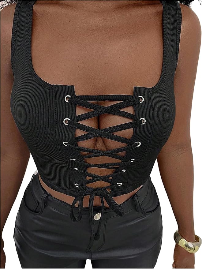 SOLY HUX Women's Lace Up Crop Tank Tops Sleeveless Scoop Neck Ribbed Slim Fit Going Out Shirts
