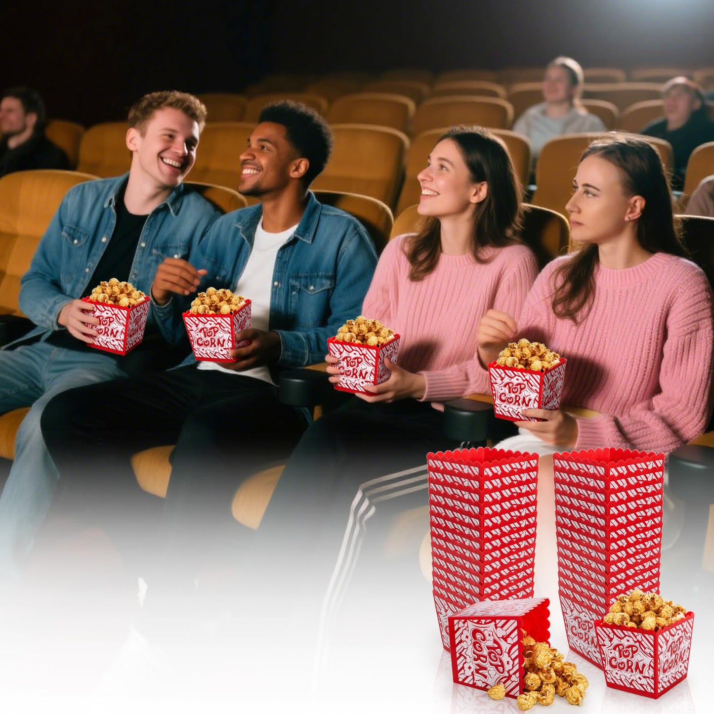 Covzoe 30 Packs Plastic Popcorn Box, Reusable Open-Top Popcorn Containers Bulk, Classic Red & White Striped Snack Bowls Bucket Tub for Movie Night, Party, Square 3.8 x 3.8 Inch
