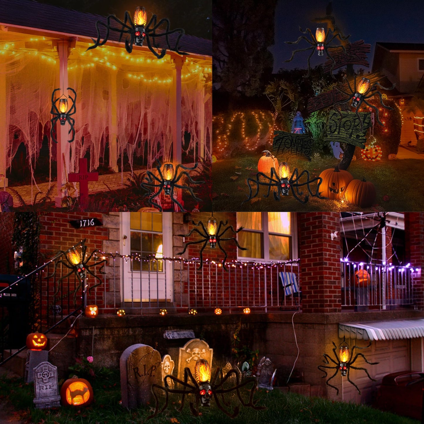 Halloween Skull Flame Light with 8 Spider Tentacles - Spooky Indoor/Outdoor Decoration for Halloween Parties, Gardens, and Haunted Displays (Orange, 2 Pack)