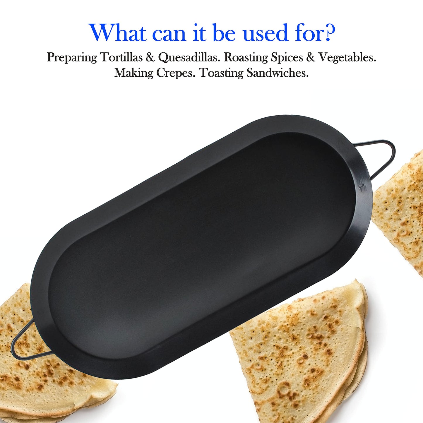 Alpine Cuisine Nonstick Oval Comal Griddle 17.5x8-Inch - Black Carbon Steel Tortilla Comal with Double Handle - Durable, Heavy Duty Comal for Cooking - Even-Heating