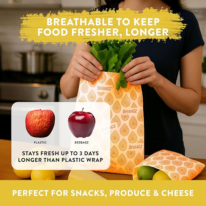 BeeBAGZ - Beeswax Wrap Storage Bag, Reusable Food Storage Bags, Pack of 3, Plastic Free Biodegradable Food Wrap Alternative, Starter Pack, 1 Small + 1 Medium + 1 Large, (Orange)