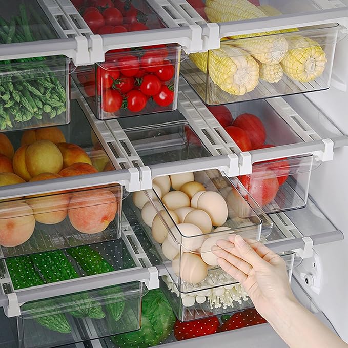 Refrigerator Drawer Organizer Clear PET Fridge Organizer Bin Pull Out Shelf Holder Storage Box for Eggs Fruits Vegetables Drinks
