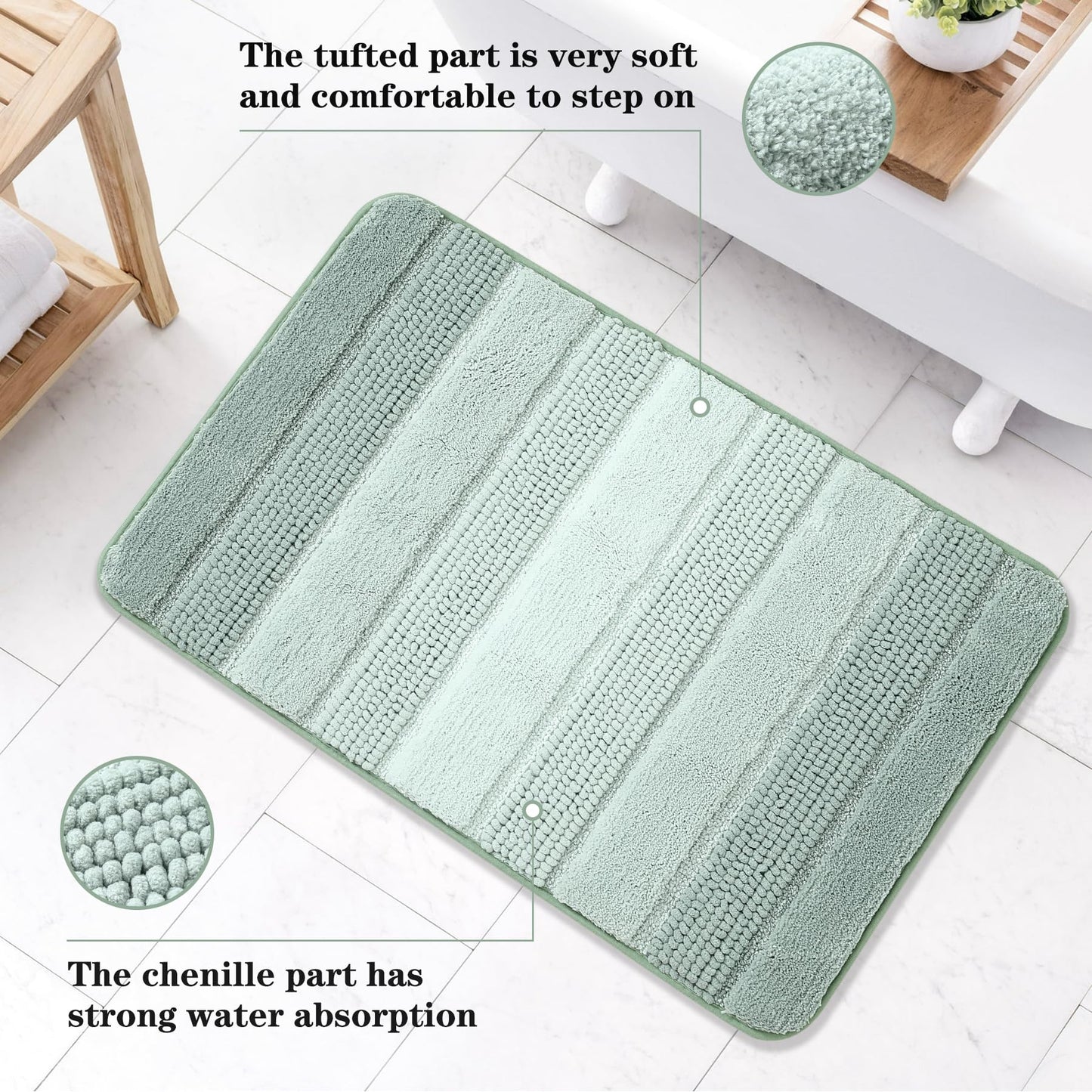 Kmson Ombre Chenille Bathroom Rugs Mat, 17"x24" Non-Slip Bath Mat for Bathroom Floor & Bathtub, Ultra Soft Washable Shaggy Bath Rugs, Fluffy Thick Water Absorbent Microfiber Shower Mat Green