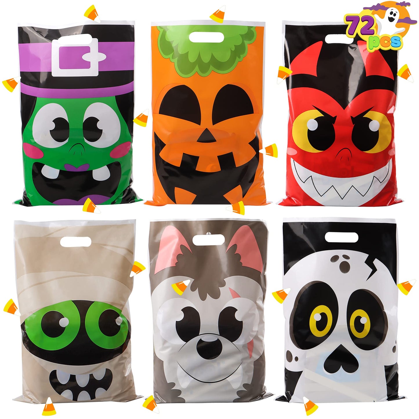 JOYIN 72 Pcs Halloween Bags, Plastic Goodie Bag in 6 Designs for Halloween Candy Trick or Treating Party Favors, alloween Trick-or-Treat SnacksBags Party Supplies Classroom Prizes