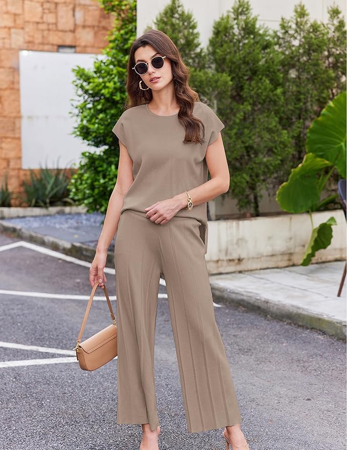Ekouaer Lounge Sets for Women Two Piece Outfits Knit Cap Sleeve Tops Wide Leg Pleated Pants Casual Dressy Sweater Sets