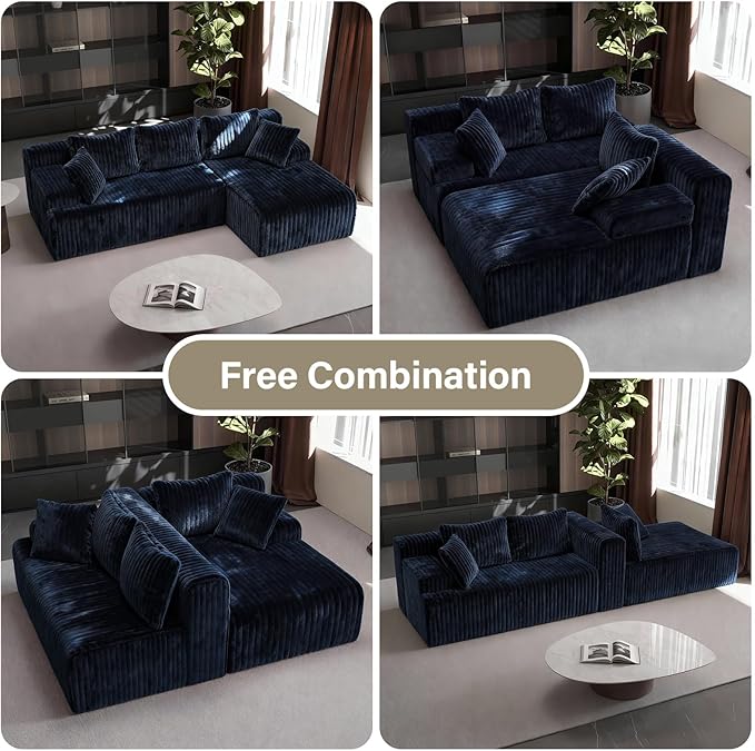 LAUSAINT HOME 96" Modular Sectional Sofa Couches, L-Shaped Boneless Cloud Sofa with 3 Deep Seat, 5 Cushiones Oversized Chaise for Living Room, Bedroom, Plush Corduroy Fabric (Right, Navy Blue)