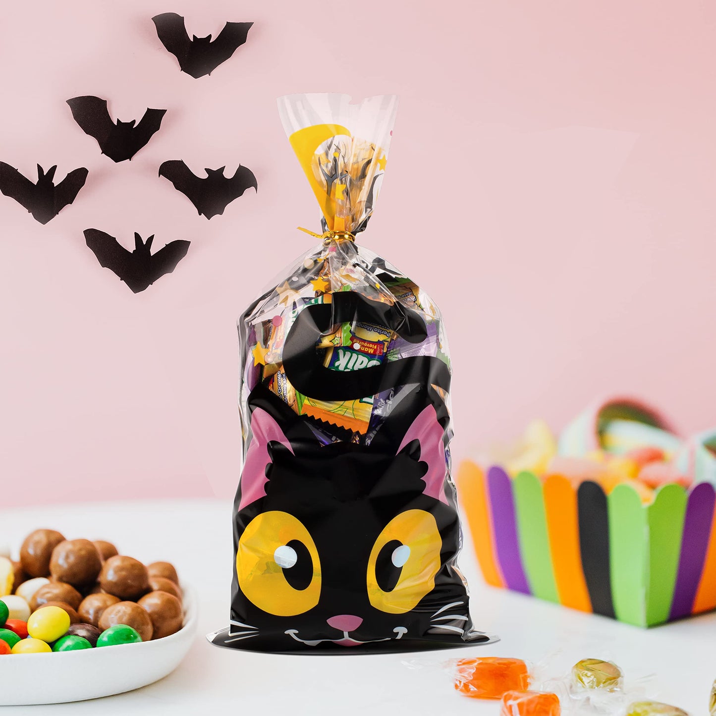 JOYIN 108 Pcs Halloween Cellophane Bags for Sweet Candy Treat, Goodie Gift Bags Bulk with Twist Tie for Kids Trick or Treating, Halloween Day Table Decor and Party Favor Supplies in 12 Designs