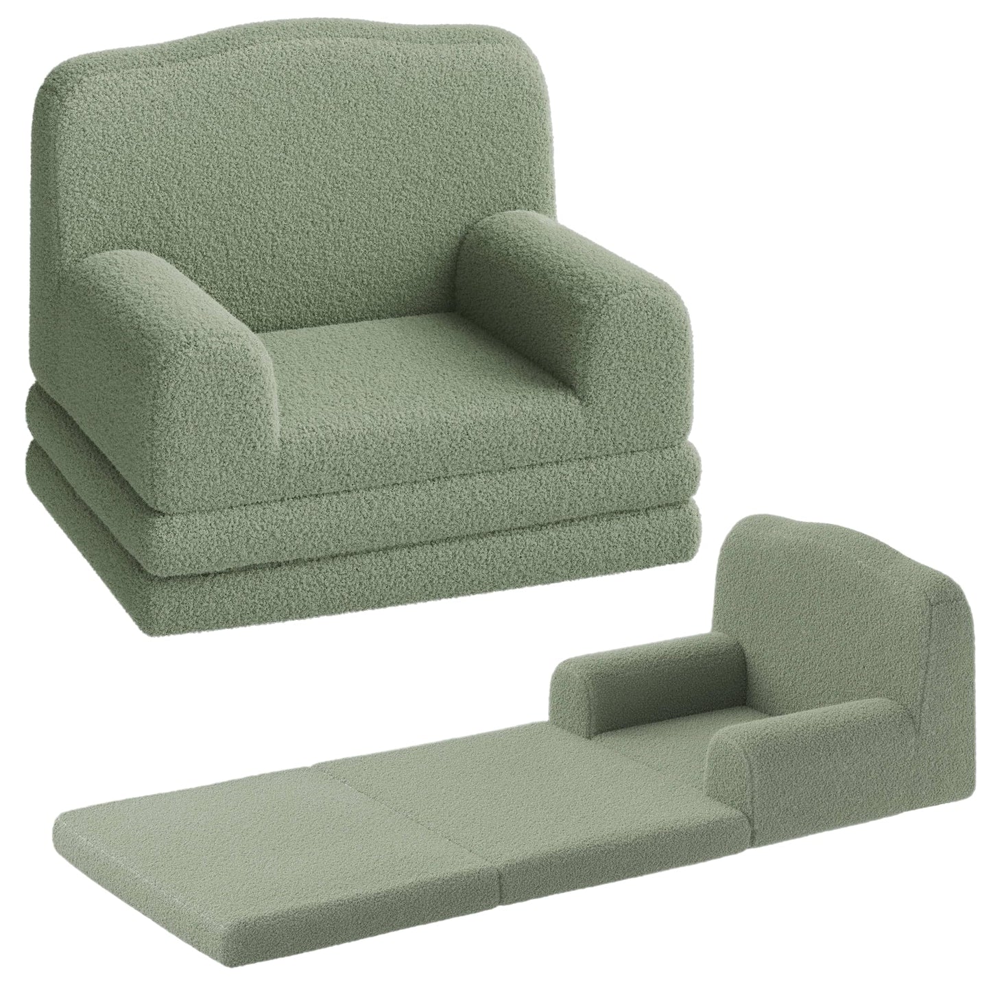 GarveeHome Kids Couch, 2-in-1 Comfy Toddler Couch Fold Out, Convertible Sofa to Lounger Foam Kids Chair with Soft Sherpa, Gift for Girls and Boys (Green-Crown, Large)