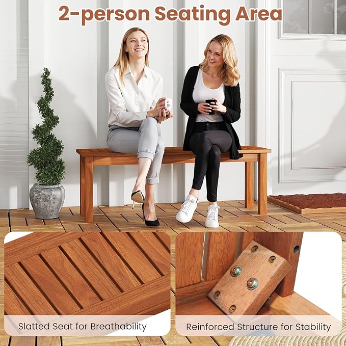 Tangkula Outdoor Wood Bench, 2-Person Backless Patio Garden Bench with Slatted Seat, Front Porch Dining Seating Furniture for Deck, Yard and Park (1)