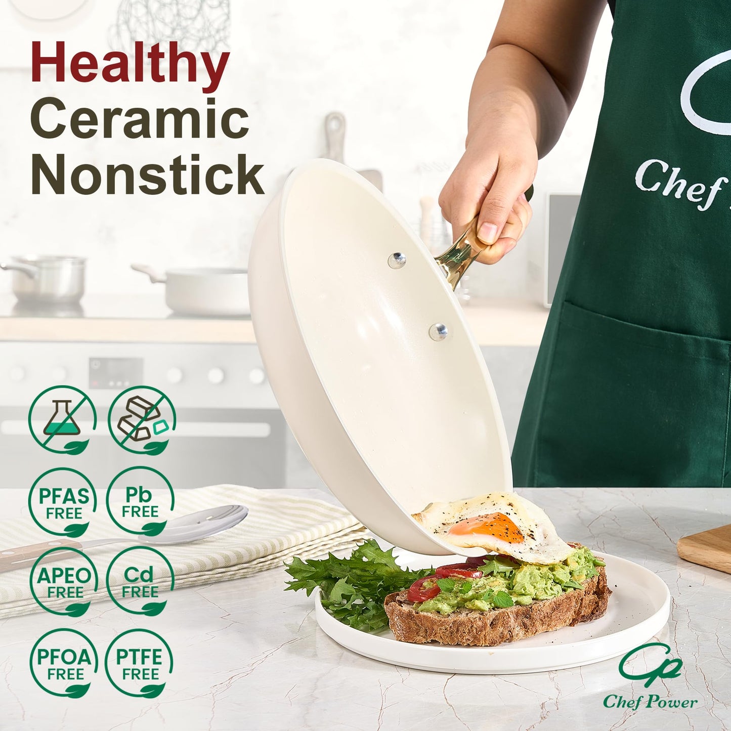 Chef Power Ceramic Cookware Sets, 15Pcs Pots and Pans Set Non Stick, Cookware Set with Stainless Steel Handle, Dishwasher & Oven Safe, Cream White and Light Gold Handle