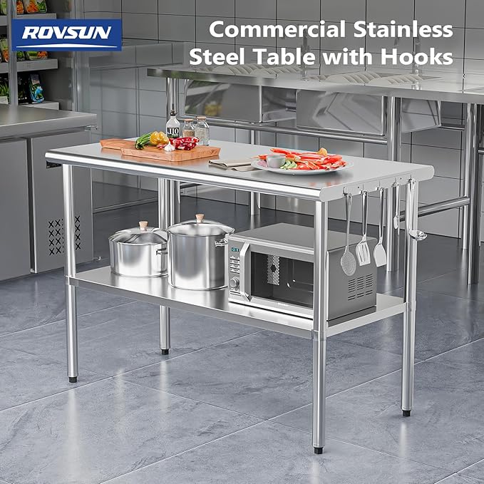 ROVSUN 48'' x 24'' Stainless Steel Table for Prep & Work,Commercial Worktables & Workstations, NSF Heavy Duty Metal Table with Adjustable UnderShelf for Kitchen, Restaurant, Home, Hotel, Outdoor