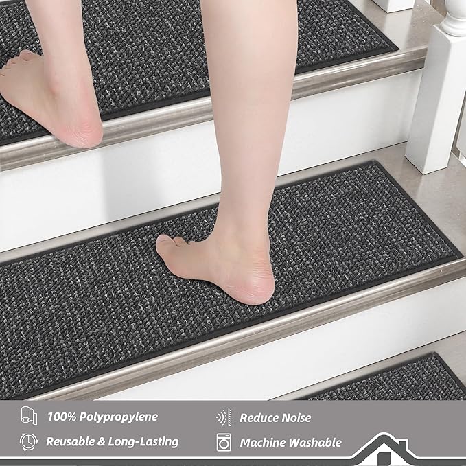 BEQHAUSE Stair Treads for Wooden Steps 28inX9in, Carpet Stair Treads Non Slip Indoor, Machine Washable Stair Runners for Kids Elders and Pets, Carpet for Stair Rugs Mat, TPE Backing, 1pcs, Charcoal