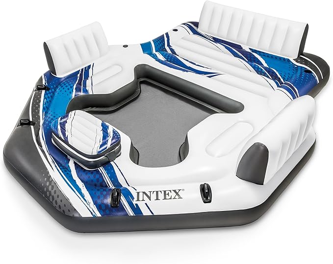 Intex Blue Tropic Inflatable 5 Person Raft or Swimming Pool Island Water Floating Lounger Raft with Backrests, Built in Co...