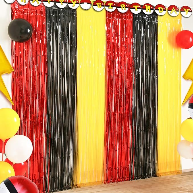 Cartoon Monster Birthday Party Decoration, 4 Pack Animation Themed Photo Booth Prop, Red Black Yellow Foil Fringe Curtains...