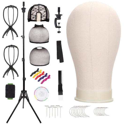 Demides 22'' Canvas Wig Head with 61'' Adjustable Tripod Stand, Mannequin Head Set for Styling, Display - Includes Caps, Elastic