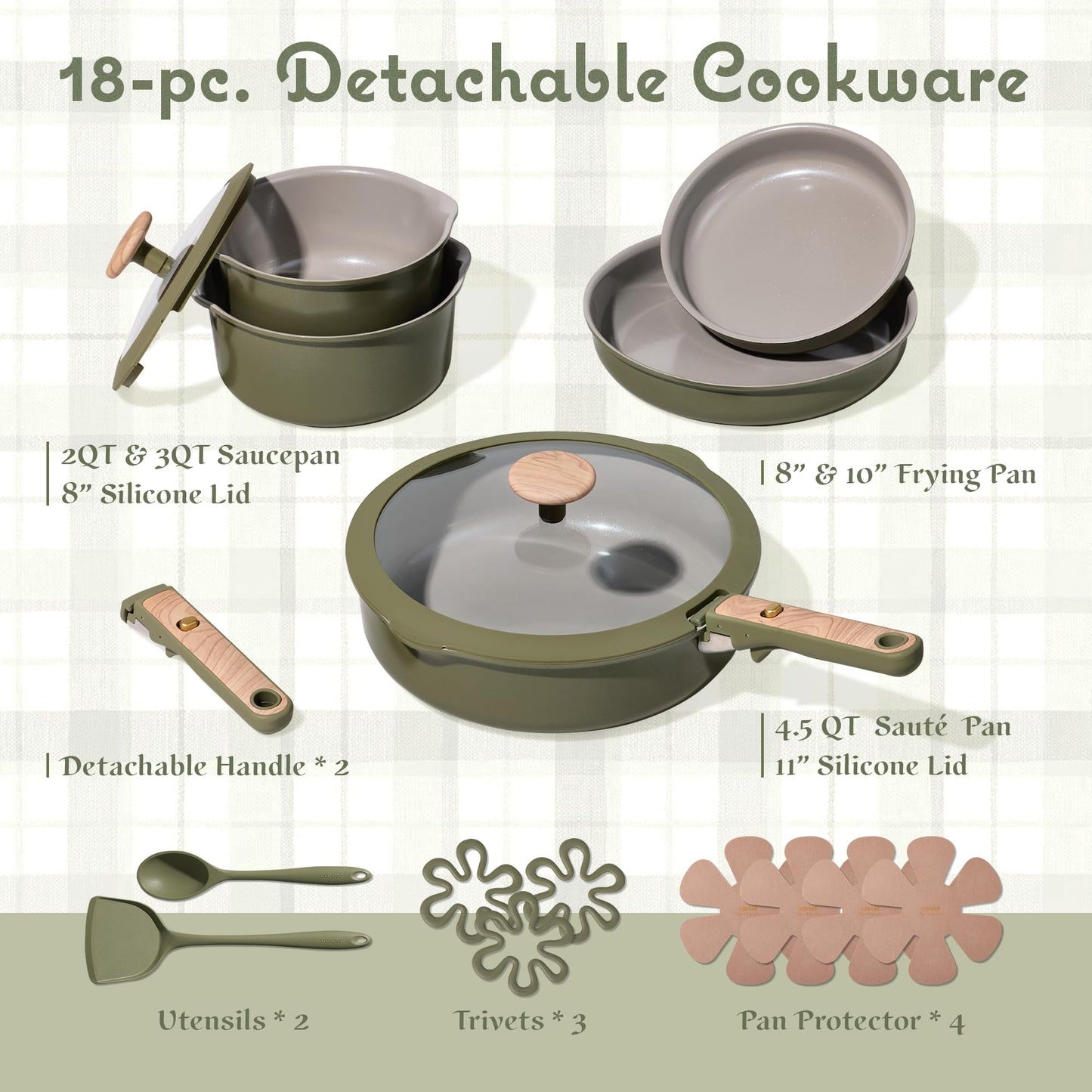 CAROTE 18 Pcs Ceramic Cookware Set Detachable Handle, Non Toxic Pots and Pans Set Non Stick, Induction Kitchen Cookware Removable Handles, Oven Safe, Stackable RV/Camping Cooking Set, Green