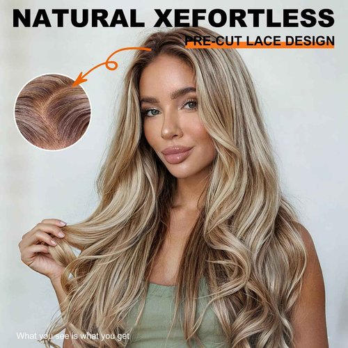 KOME Ash Blonde Synthetic Lace Front Wig,13×6 Blonde mix Brown HD Lace Glueless Wig for Women Daily Use 28IN（TT6/107）