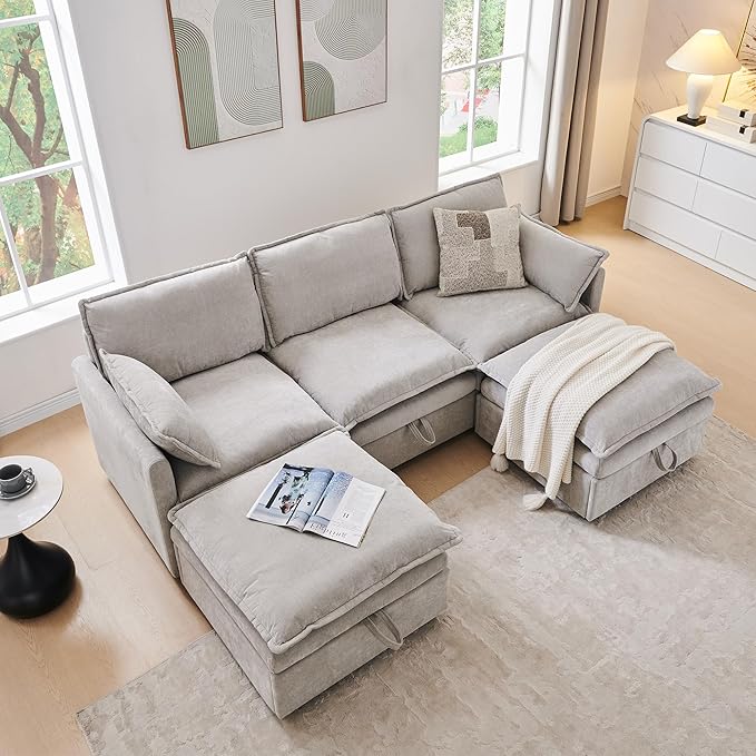 85.83" Sectional Couches for Living Room, Cloud Couch Sectional with Large Storage Ottoman, U-Shape Modular Sectional Sofa with 5 Seater Chenille Sofa and Pillow for Apartment, Bedroom, Light Gery