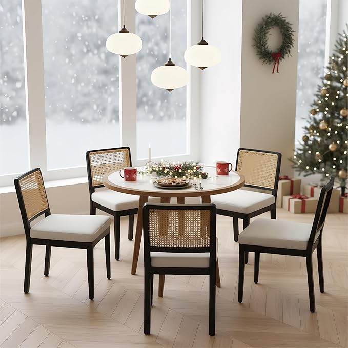 LukeAlon Set of 6 Farmhouse Dining Chairs - Mid Century Modern with Woven Cane Back, Soft Linen Upholstered Seat, Solid Wood Legs for Kitchen, Dining Room & Breakfast Nook, Beige