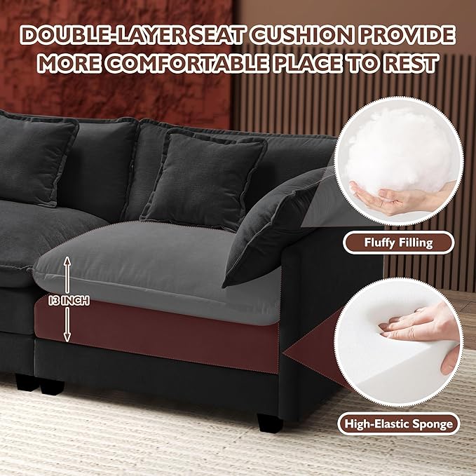 Ihanherry 111.4 Inch 3-Seater Cloud Sofa, Modular Sectional Couch, Modern Deep Seat Sofa for Living Room, Comfy Double Layer Upholstered Seat Cushion, Breathable Chenille Fabric, Black