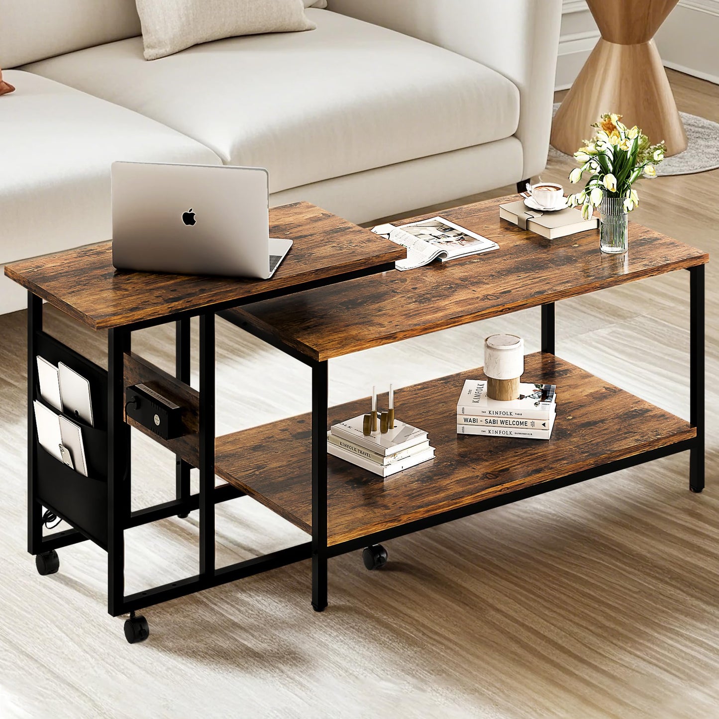 VECELO Coffee Table, Adjustable Coffee Table Set of 2 with End Table for Living Room, Nesting Table with USB Ports and Wheels, Modern & Industrial for Bedroom，Apartment, 31.5" and 20"，Rustic Brown