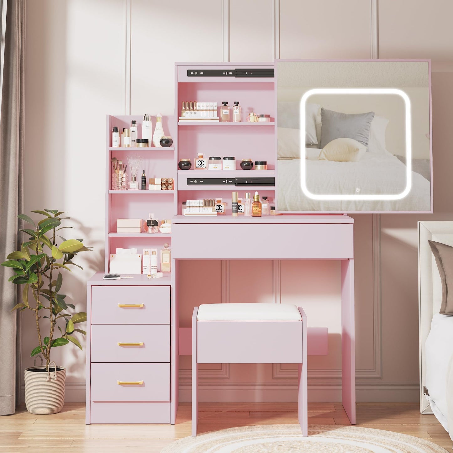 Vanity Desk with Sliding Mirror and Lights, Makeup Vanity Set with 4 Drawers, Stool, Power Outlet, Open Shelves, 3 Color Adjustable Lighting Modes, Makeup Dressing Table for Bedroom, Pink