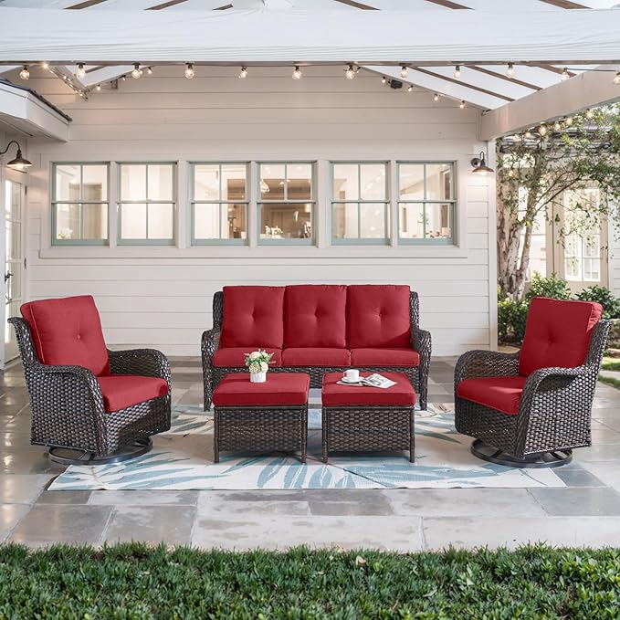 Belord 5 Piece Outdoor Patio Furniture Set - Wicker Furniture Patio Conversation Set, Outdoor Swivel Rocker Chairs with 3-Seater Sofa and 2 Ottomans for Small Space, Red Cushion