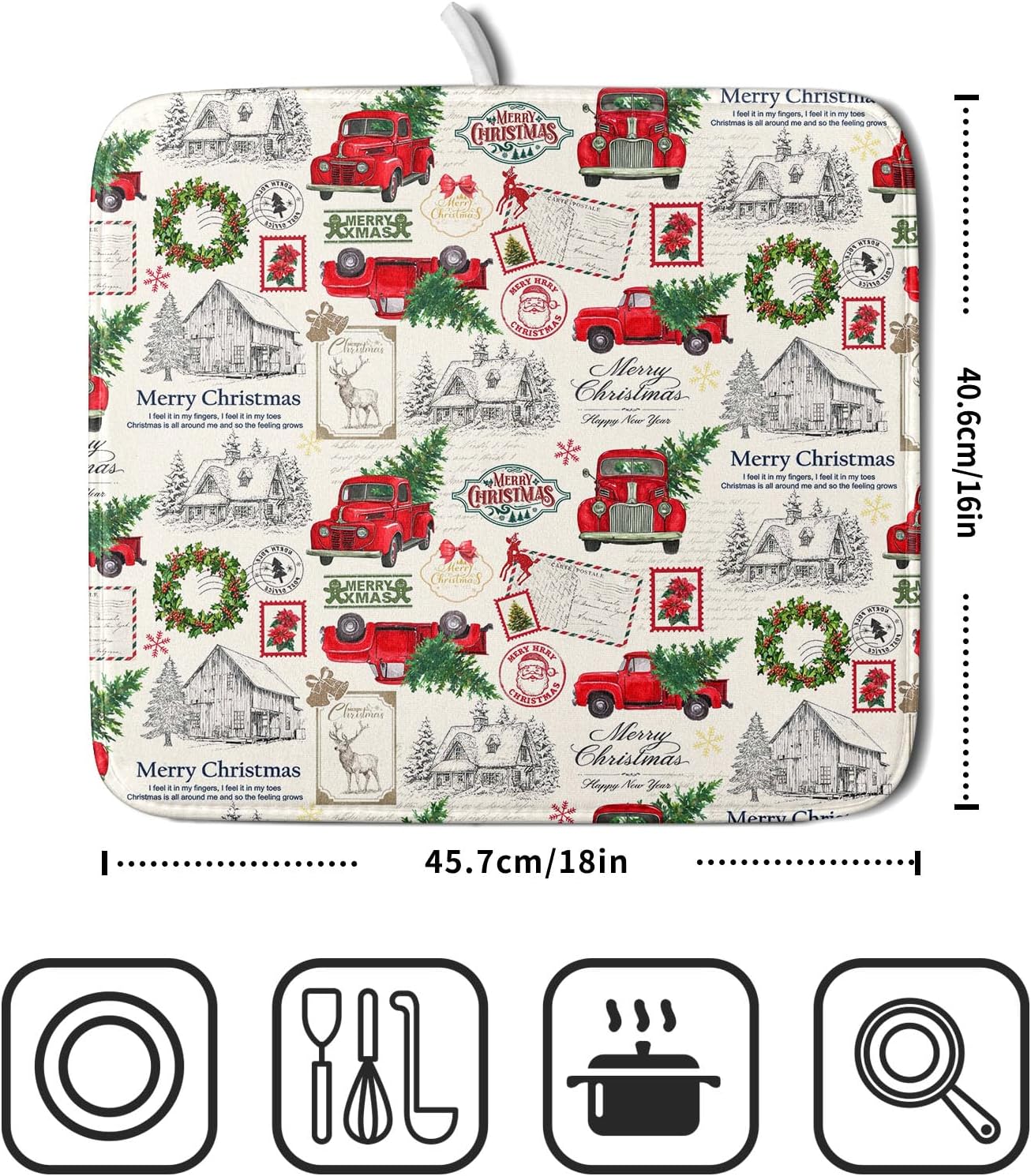 Christmas Red Truck Dish Drying Mat for Kitchen Counter Vintage Xmas Theme Drying Mat 16x18 Inch Winter Holiday Absorbent Dish Drainer Mat Christmas Kitchen Accessories