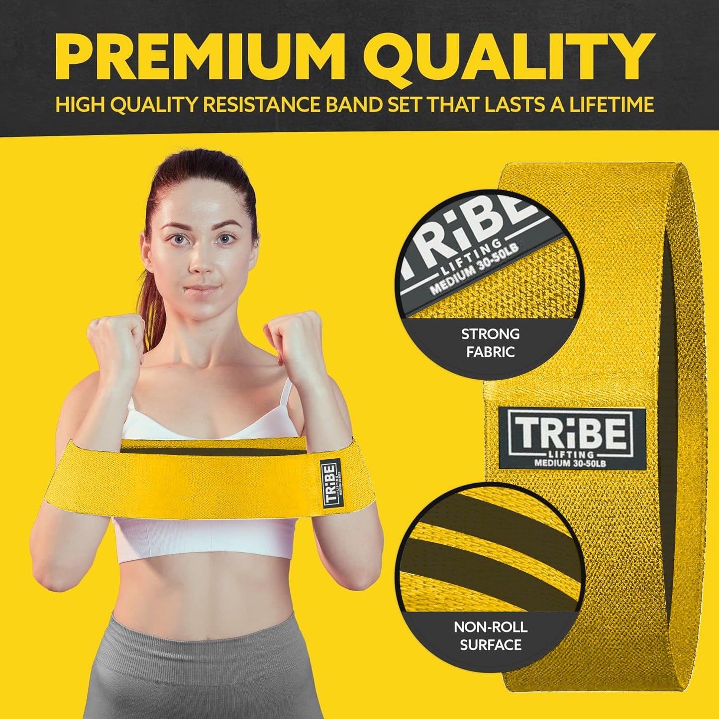Tribe Lifting Fabric Resistance Bands for Exercise - Hip Bands for Working Out Legs, Glutes, Knees and Thighs for Men and Women - Cloth Circle Booty Bands for Physical Therapy (Yellow)