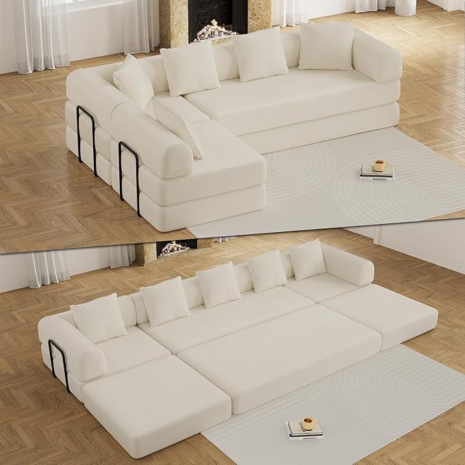 DAMAIFROM 157" Convertible Sleeper Sofa Bed Set with Pillow, 4-in-1 Corduroy Folding Mattress Boneless Couch with Fixed-Shape Frame, Fold Out Floor Sofa Cama Lounge Couch for Living Room, Beige White